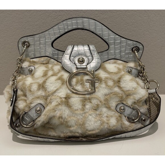 Guess RARE Fuzzy Beige Handbag Signature All Over G Logo 90’s Y2K Never Used - Picture 1 of 11